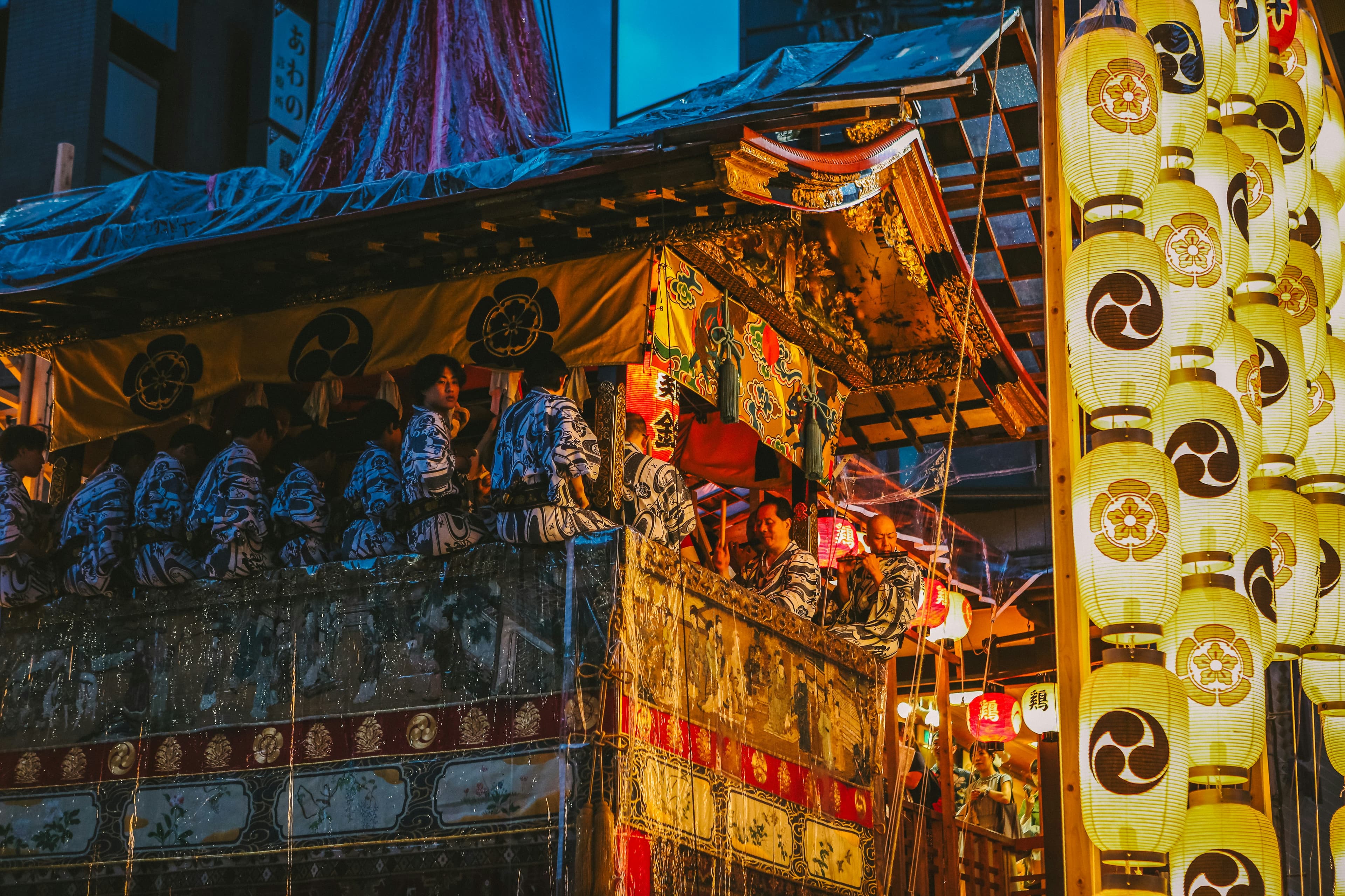 Traditional Japanese festival with lanterns and yukata